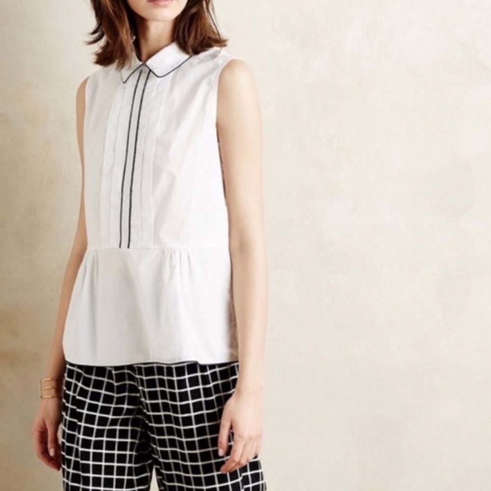 HD IN PARIS Anthropologie White & Blue Bennett Pleated Peplum Sleeveless Top L7 - Picture 2 of 9